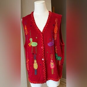 Vintage Susan Bristol Hand-Embroidered Red Multi- Colorful Deer Sweater Vest XL